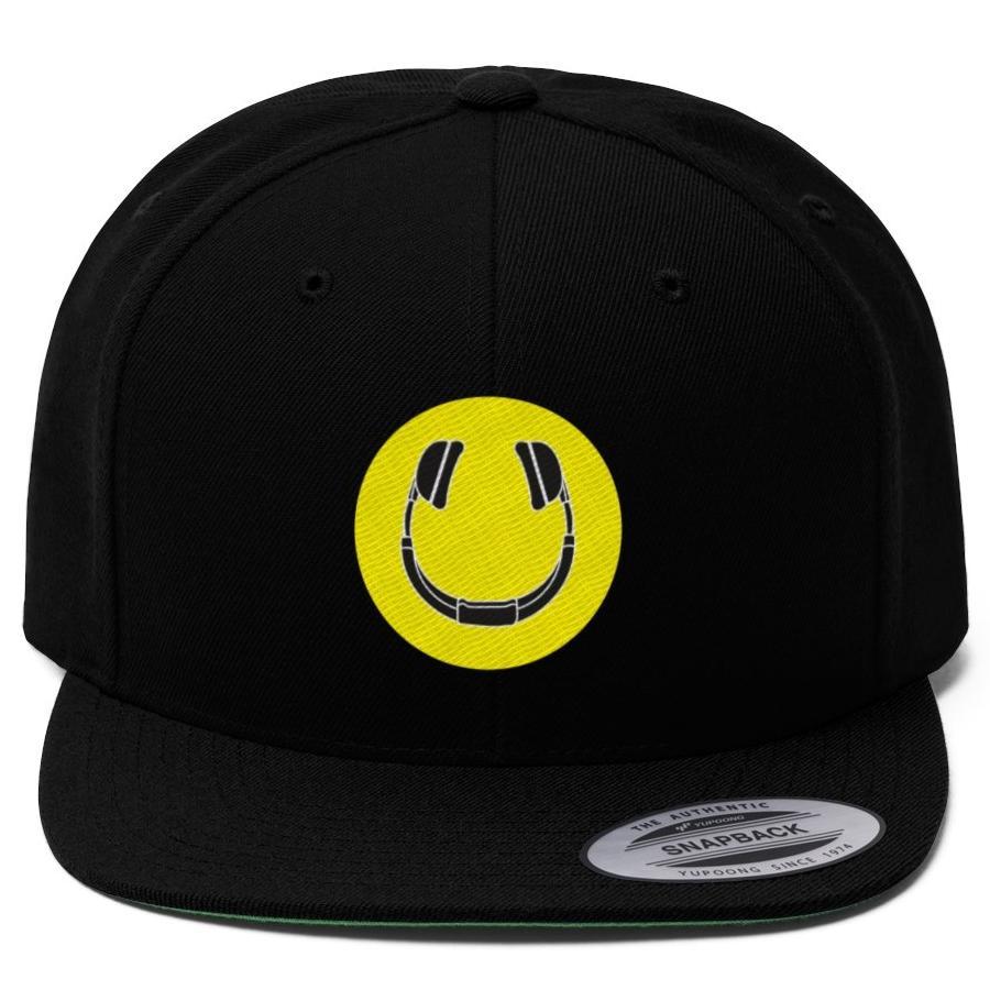 Smiling Headphones Snapback Hat black